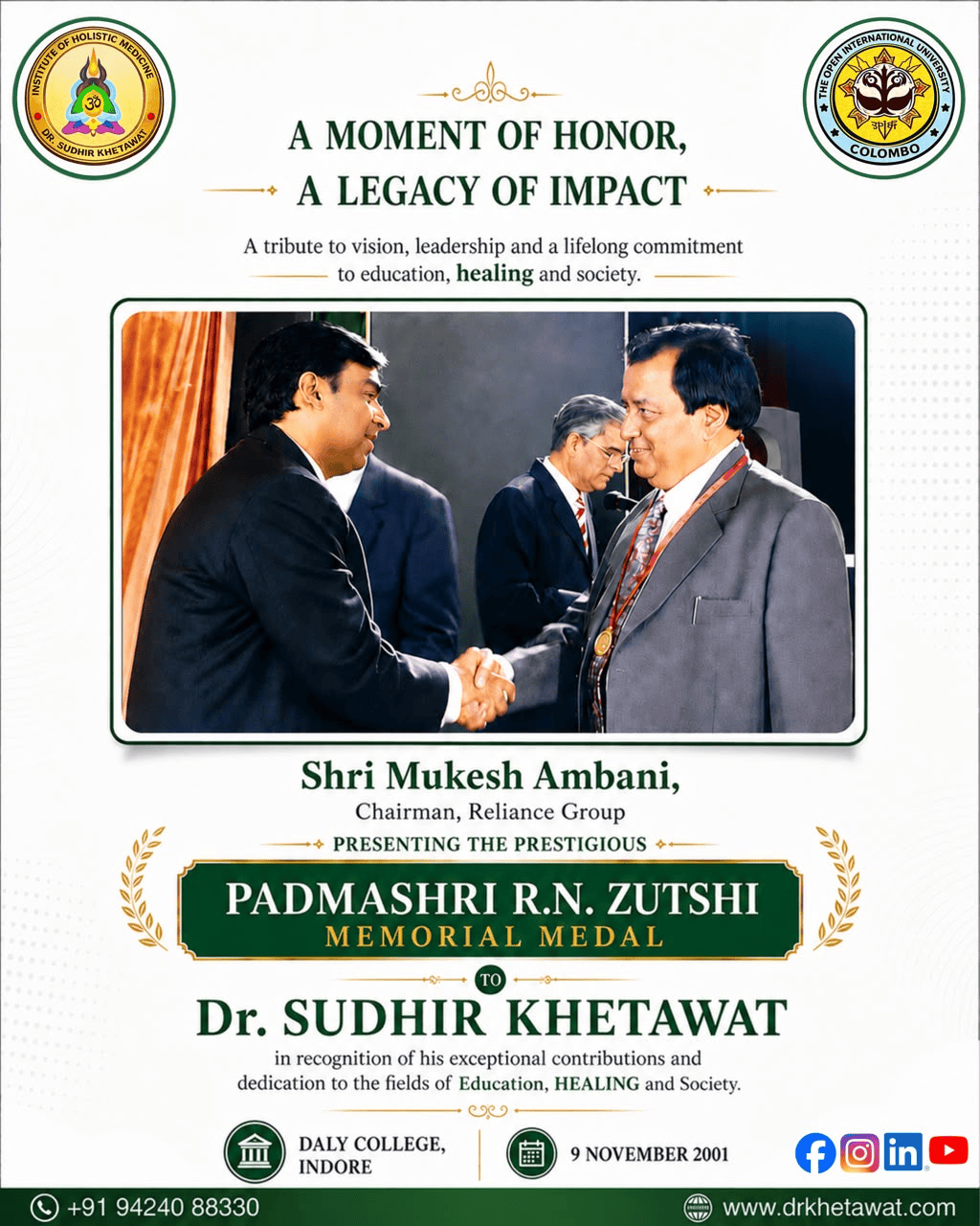 Dr. Sudhir Khetawat receiving a national honour for his work in holistic medicine